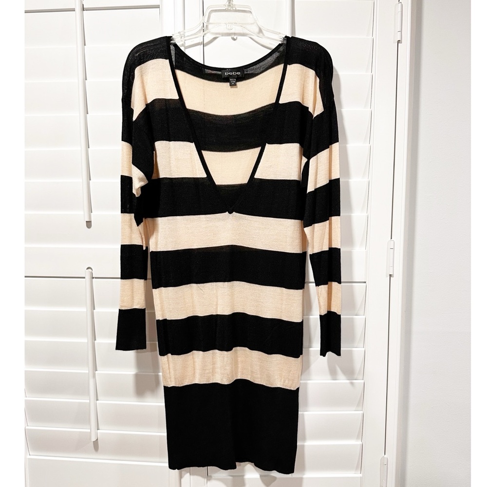 Bebe Striped Silk Blend Tunic Top Knit Long Lightweight Sweater Size Medium